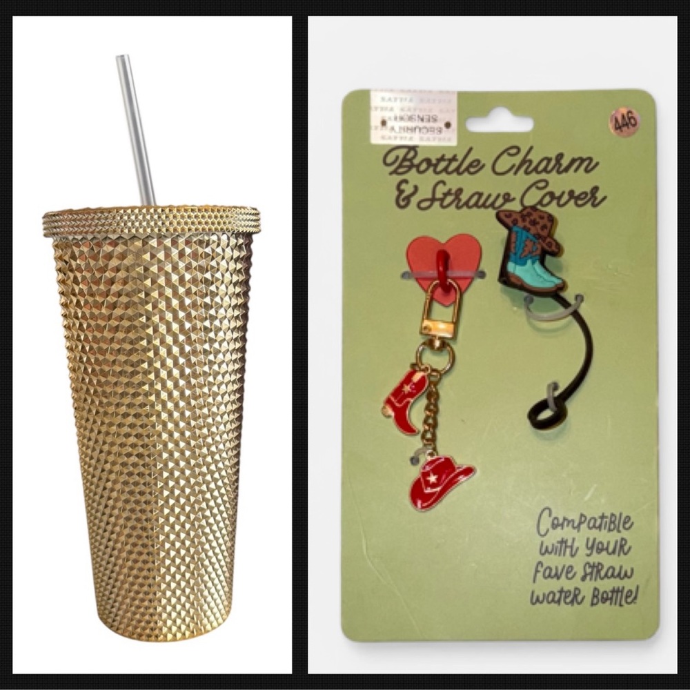 Tilly’s Cowgirl Bottle Charm Straw Topper + Gold Studded Tumbler Reusable Straw